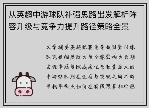 从英超中游球队补强思路出发解析阵容升级与竞争力提升路径策略全景