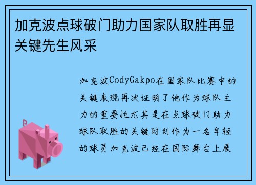 加克波点球破门助力国家队取胜再显关键先生风采
