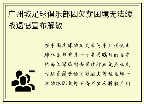 广州城足球俱乐部因欠薪困境无法续战遗憾宣布解散